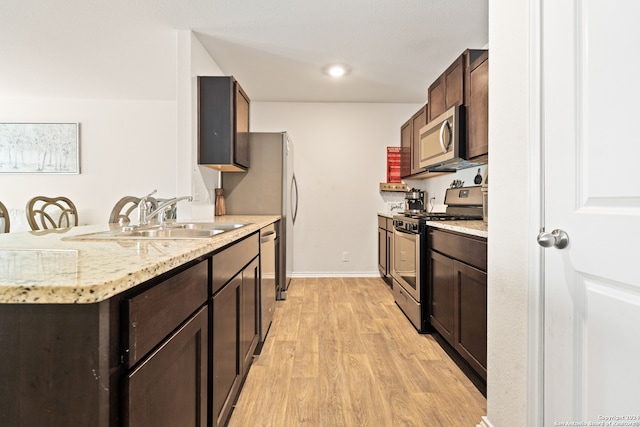 kitchen featuring stainless steel appliances, light hardwood / wood-style floors, dark brown cabinetry, and sink