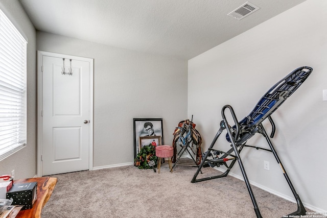 workout area featuring light carpet and a textured ceiling