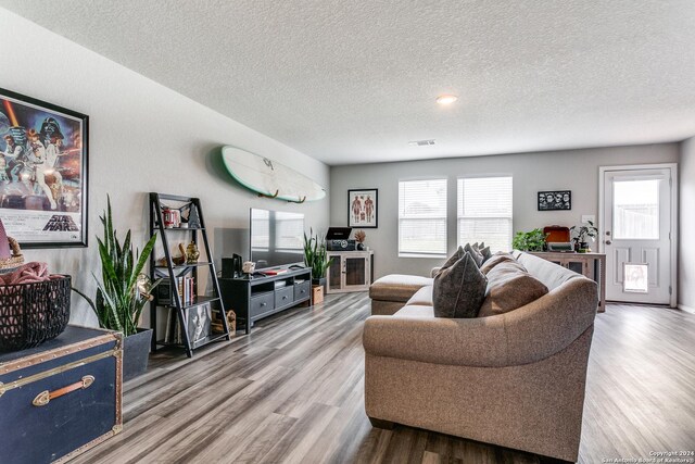 living room featuring wood-type flooring and a textured ceiling