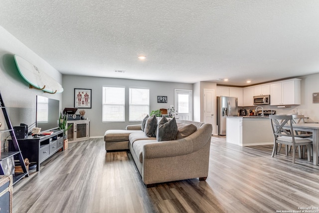 living room featuring light hardwood / wood-style floors and a textured ceiling