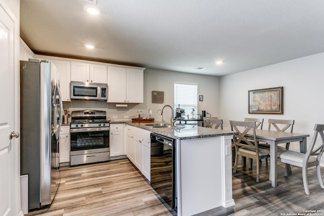 kitchen featuring sink, white cabinetry, kitchen peninsula, stone counters, and stainless steel appliances