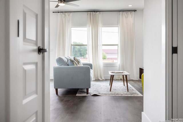 living room with wood-type flooring and ceiling fan