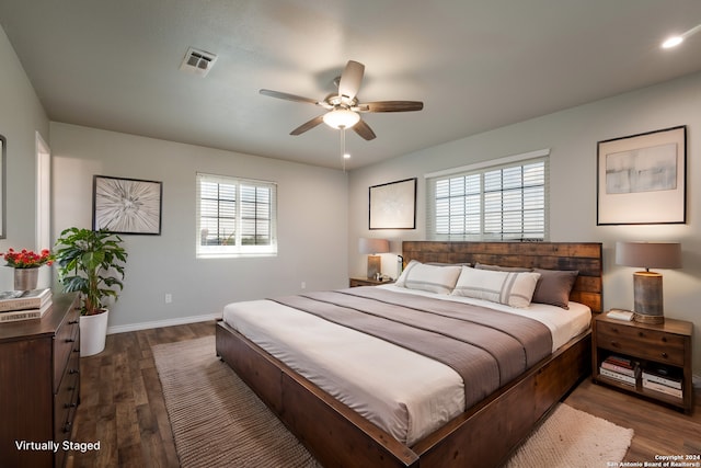 10886 Macaway Rd, Adkins, TX 78101 - bedroom featuring multiple windows, dark wood-style floors, baseboards, and recessed lighting