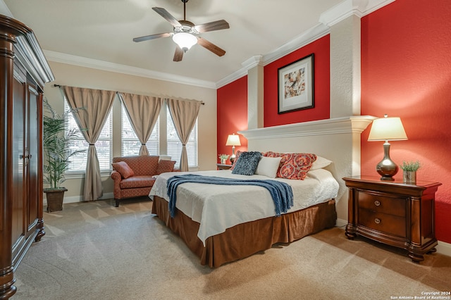 bedroom featuring light carpet, ornamental molding, and ceiling fan