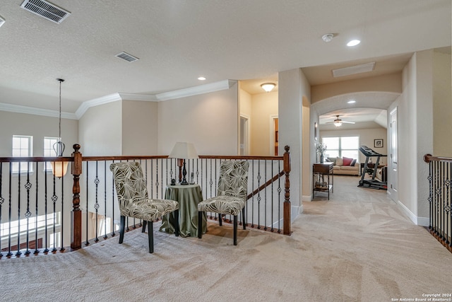 hallway with light colored carpet, vaulted ceiling, and crown molding