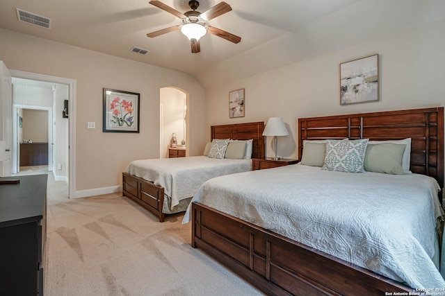 bedroom with light carpet and ceiling fan