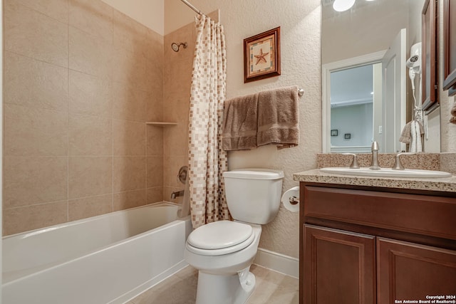 full bathroom featuring vanity, toilet, and shower / bathtub combination with curtain