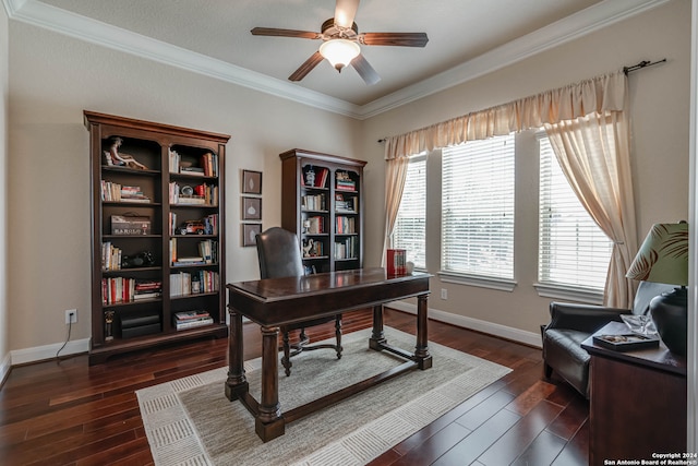 office area with ceiling fan, crown molding, and dark hardwood / wood-style flooring