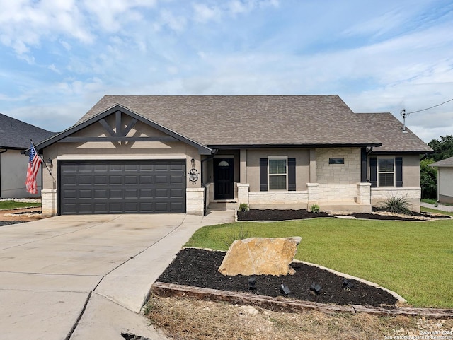 single story home with cooling unit, a garage, and a front lawn