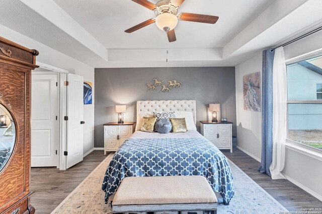 bedroom with dark wood-type flooring, a raised ceiling, and ceiling fan