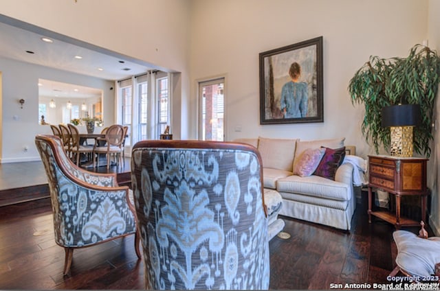 living room with dark hardwood / wood-style floors