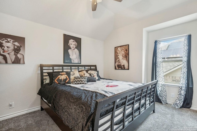 bedroom featuring lofted ceiling, carpet floors, and ceiling fan