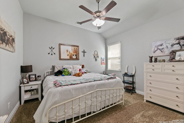 carpeted bedroom featuring vaulted ceiling and ceiling fan