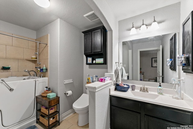 full bathroom with vanity, toilet, tile patterned flooring, and plus walk in shower