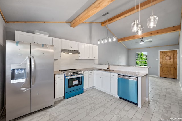 kitchen featuring ceiling fan, stainless steel appliances, pendant lighting, beam ceiling, and kitchen peninsula