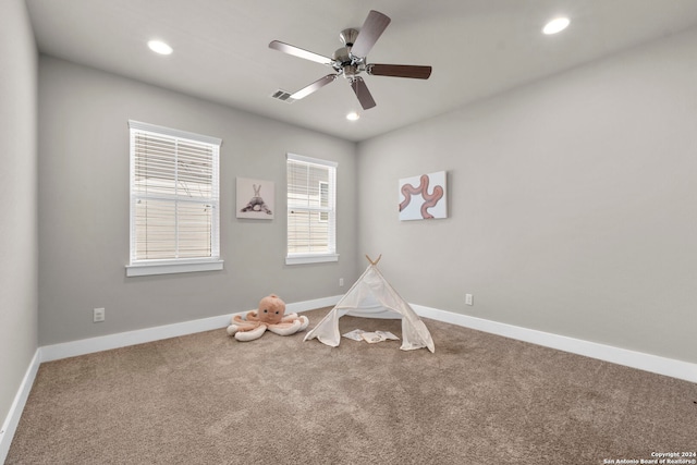 game room featuring carpet floors, baseboards, visible vents, and recessed lighting