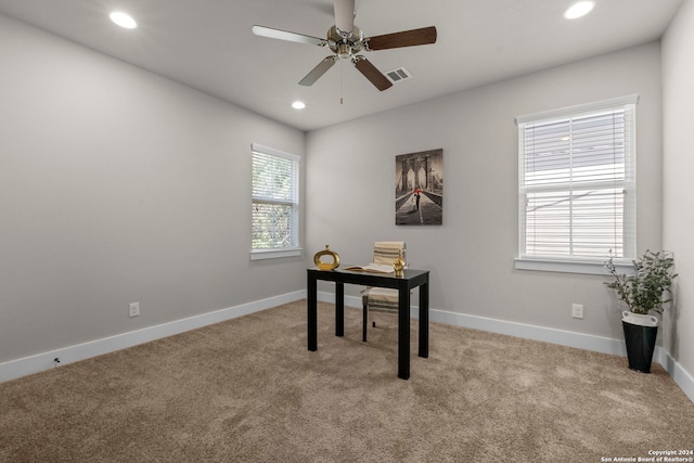 office area with light carpet, baseboards, visible vents, and recessed lighting