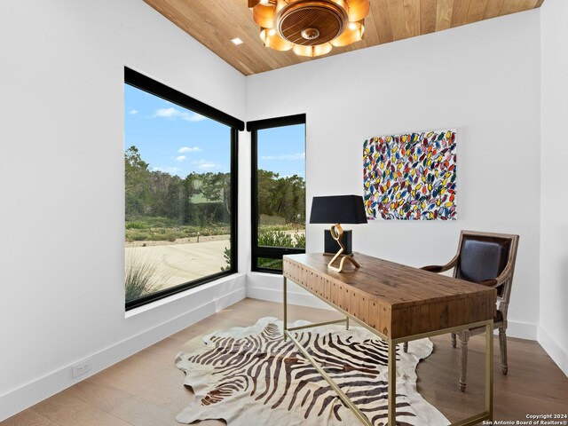 office space featuring light hardwood / wood-style flooring and wooden ceiling