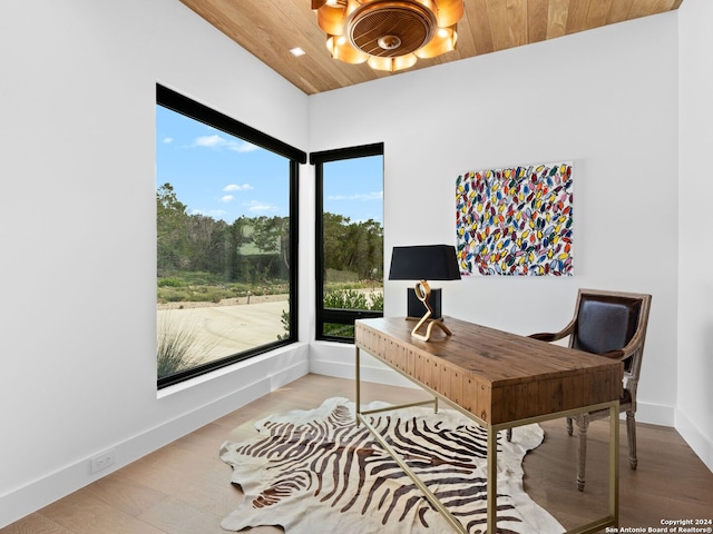 office space featuring recessed lighting, wood ceiling, light wood-style flooring, and baseboards