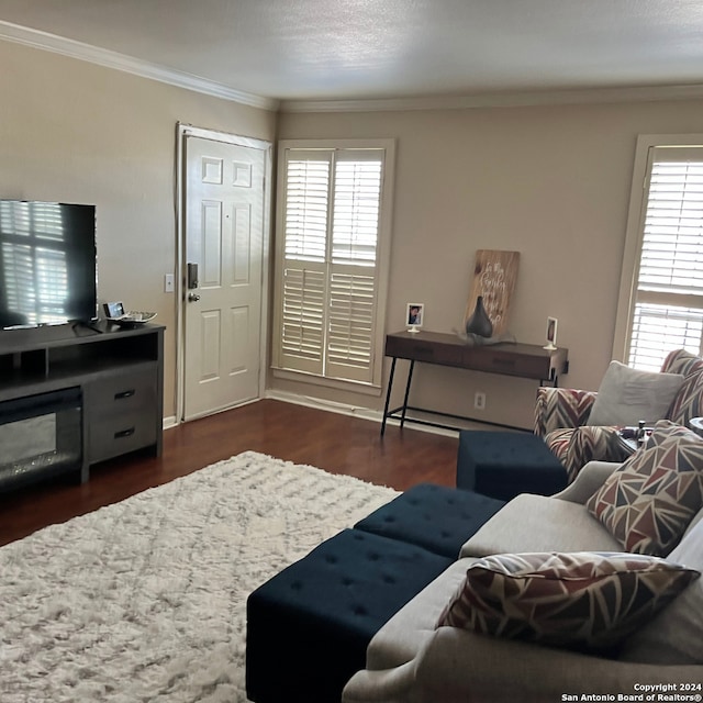 living room with dark wood-type flooring and crown molding