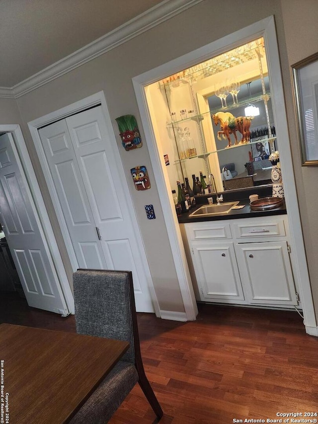 interior space with sink, dark hardwood / wood-style flooring, and ornamental molding