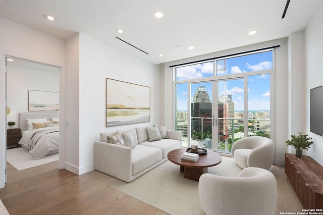 living room featuring light hardwood / wood-style flooring, a wealth of natural light, and expansive windows