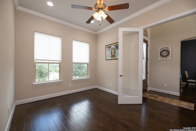 unfurnished room featuring dark hardwood / wood-style floors, ceiling fan, and ornamental molding