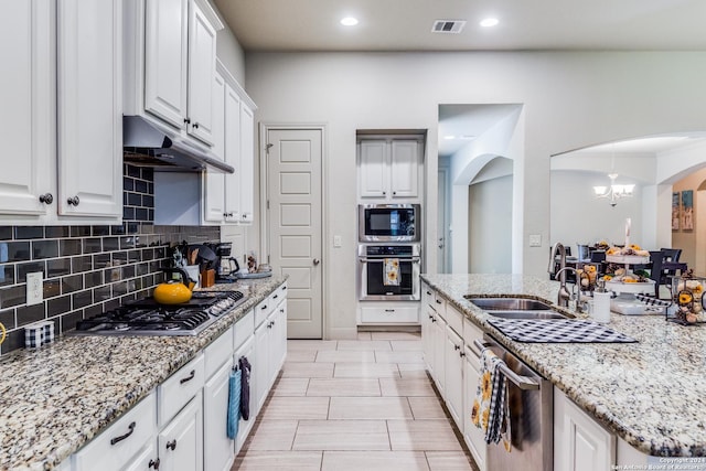 3218 Lilly Flower, San Antonio, TX 78253 - kitchen featuring arched walkways, stainless steel appliances, under cabinet range hood, a sink, and decorative backsplash