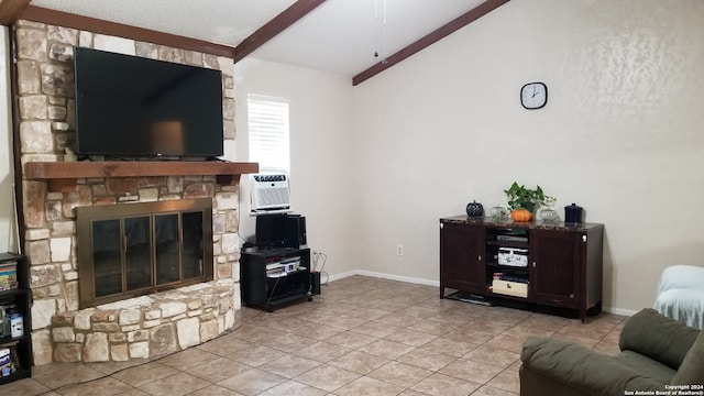 living room with a fireplace, light tile patterned floors, and beam ceiling