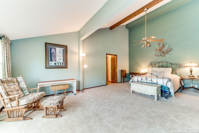 carpeted bedroom with beamed ceiling, ceiling fan, and high vaulted ceiling