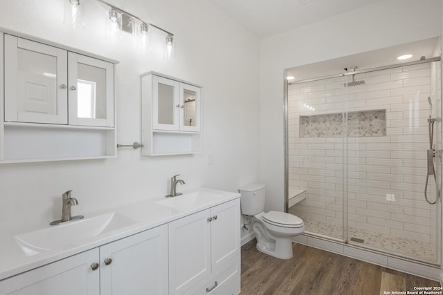 bathroom featuring vanity, wood-type flooring, a shower with door, and toilet