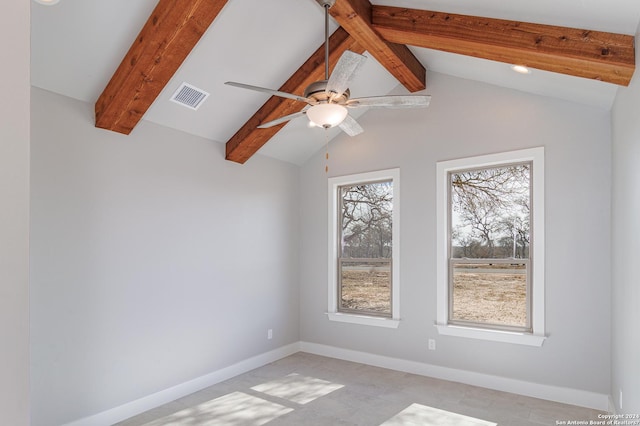 unfurnished room with lofted ceiling with beams and ceiling fan