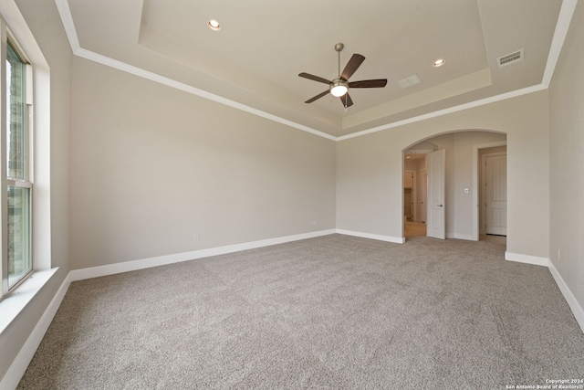 empty room featuring crown molding, a raised ceiling, carpet floors, and a wealth of natural light