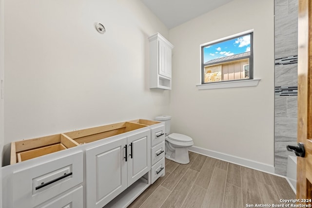 bathroom featuring vanity, toilet, and hardwood / wood-style flooring