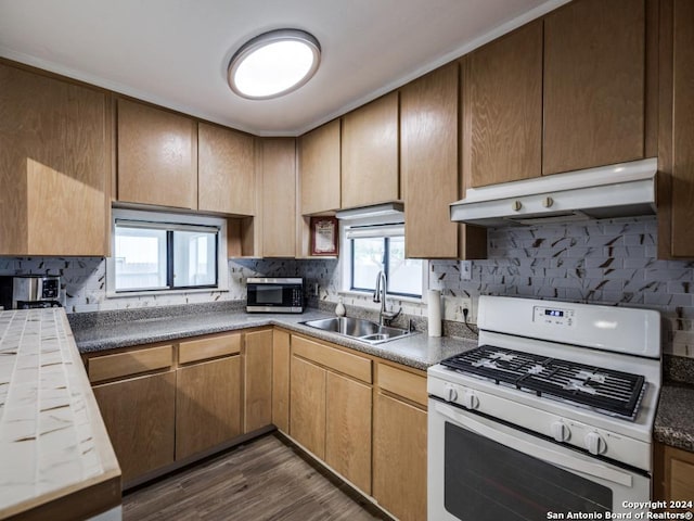 kitchen with white gas range, sink, and backsplash