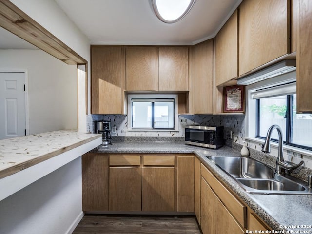 kitchen featuring sink, backsplash, and dark wood-type flooring