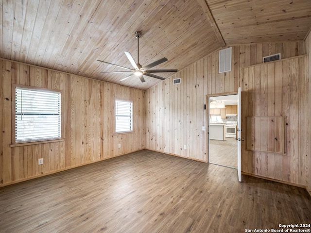 unfurnished room featuring lofted ceiling, wood-type flooring, wooden ceiling, and ceiling fan