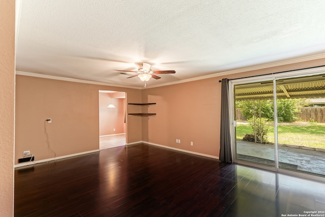 empty room with hardwood / wood-style flooring, a textured ceiling, ornamental molding, and ceiling fan