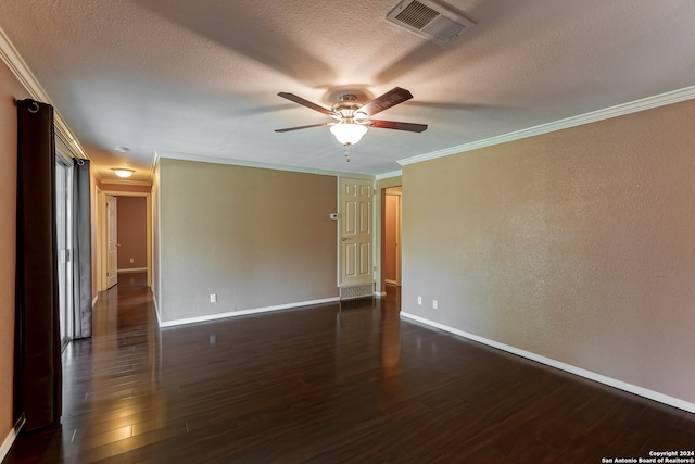 unfurnished room featuring ceiling fan, dark hardwood / wood-style floors, ornamental molding, and a textured ceiling