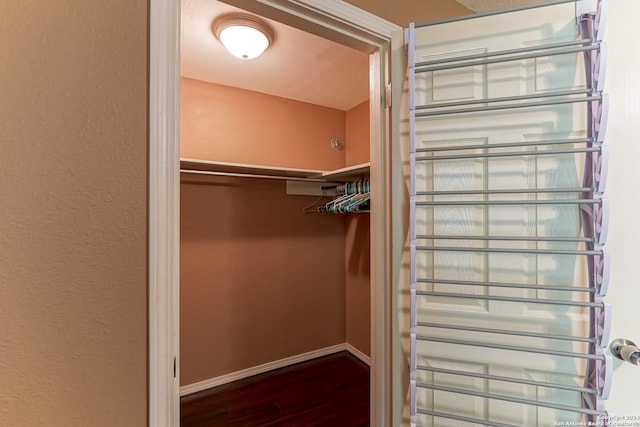 walk in closet featuring dark wood-type flooring and radiator