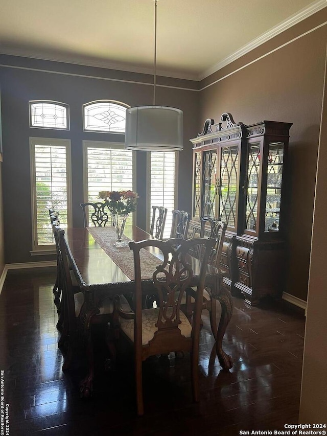 dining room featuring ornamental molding and dark wood-type flooring