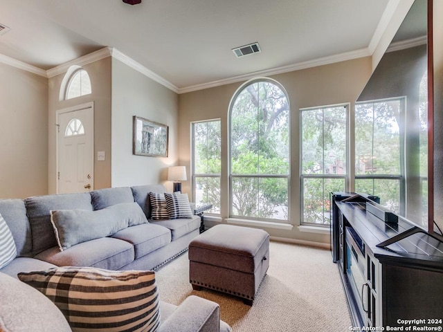 carpeted living area featuring visible vents and crown molding