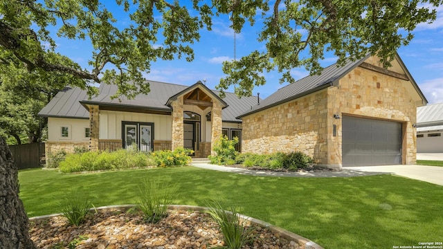 view of front of house featuring metal roof, stone siding, and a standing seam roof