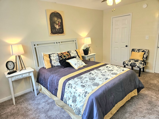 bedroom featuring carpet floors and ceiling fan