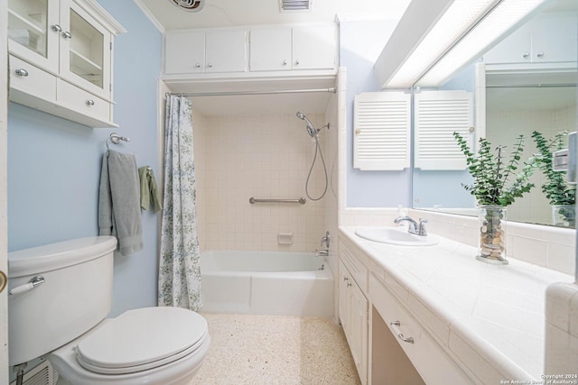 full bathroom with shower / bath combo, toilet, and vanity