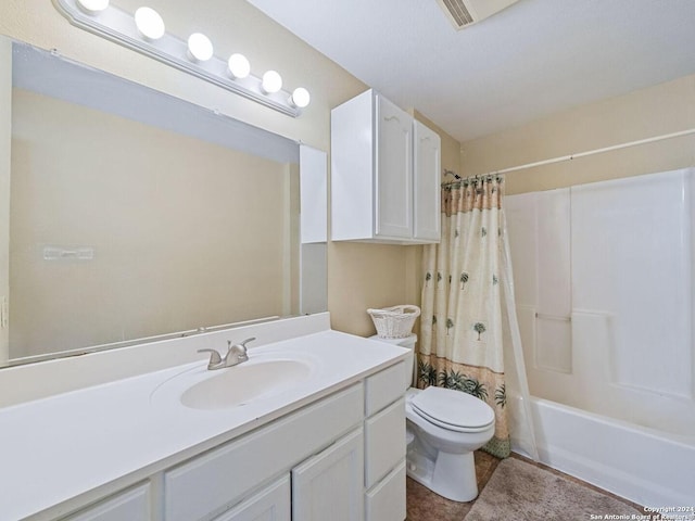 full bathroom with toilet, visible vents, shower / bath combo with shower curtain, and vanity