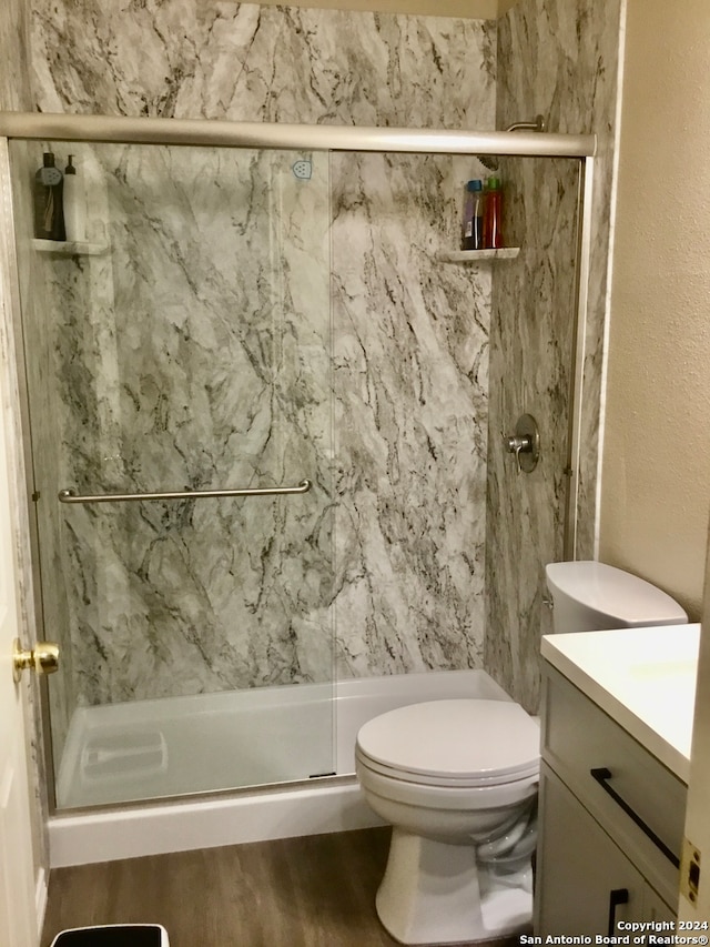 bathroom with vanity, toilet, and walk in shower