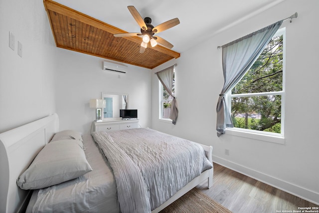 bedroom with wood ceiling, hardwood / wood-style flooring, a wall mounted AC, and ceiling fan