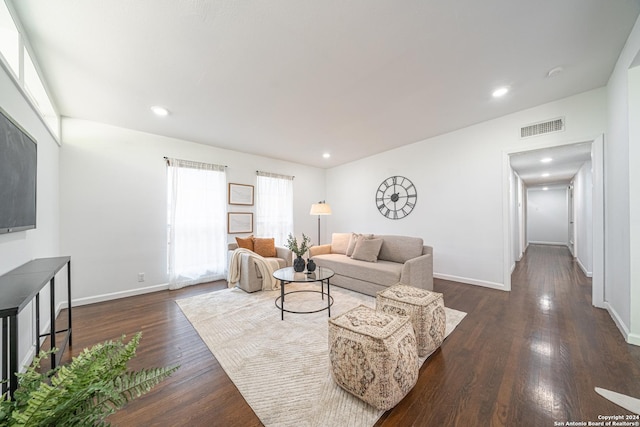 living room with dark hardwood / wood-style floors