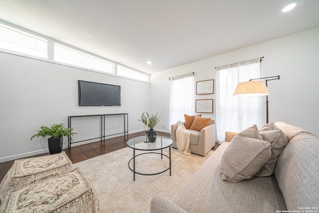 living room with dark hardwood / wood-style flooring